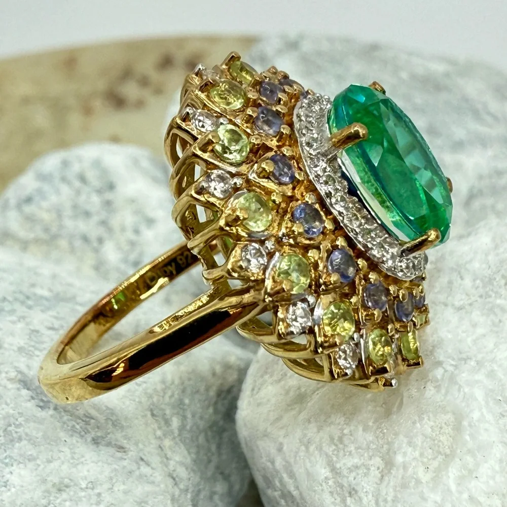 NWT Peacock Quartz Multi-Gem Dahlia Floral Ring Vermeil Gold over 925 4.15ctw